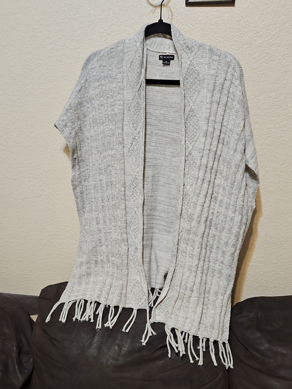 new directions Light Gray Fringe Knit Open Cardigan